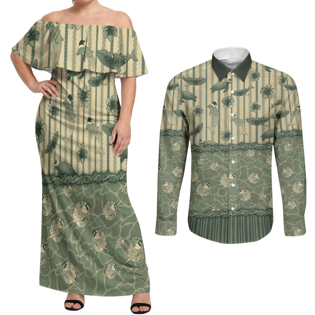 Hawaii Christmas In July Couples Matching Off Shoulder Maxi Dress and Long Sleeve Button Shirt Olive Green Mele Kalikimaka Sea Animals DT05 Green - Polynesian Pride