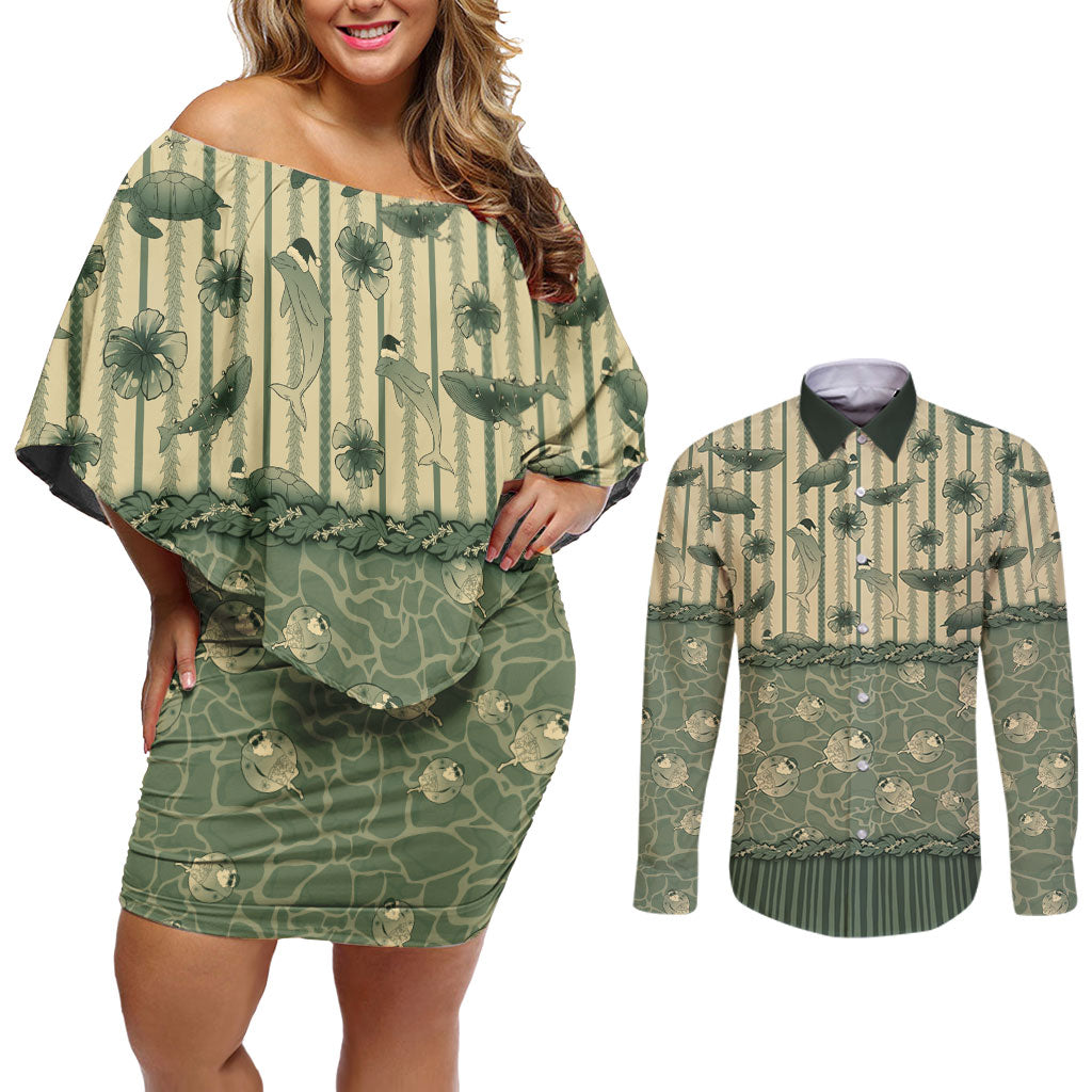 Hawaii Christmas In July Couples Matching Off Shoulder Short Dress and Long Sleeve Button Shirt Olive Green Mele Kalikimaka Sea Animals DT05 Green - Polynesian Pride