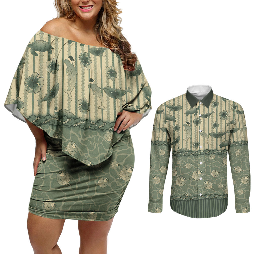 Hawaii Christmas In July Couples Matching Off Shoulder Short Dress and Long Sleeve Button Shirt Olive Green Mele Kalikimaka Sea Animals DT05 Green - Polynesian Pride