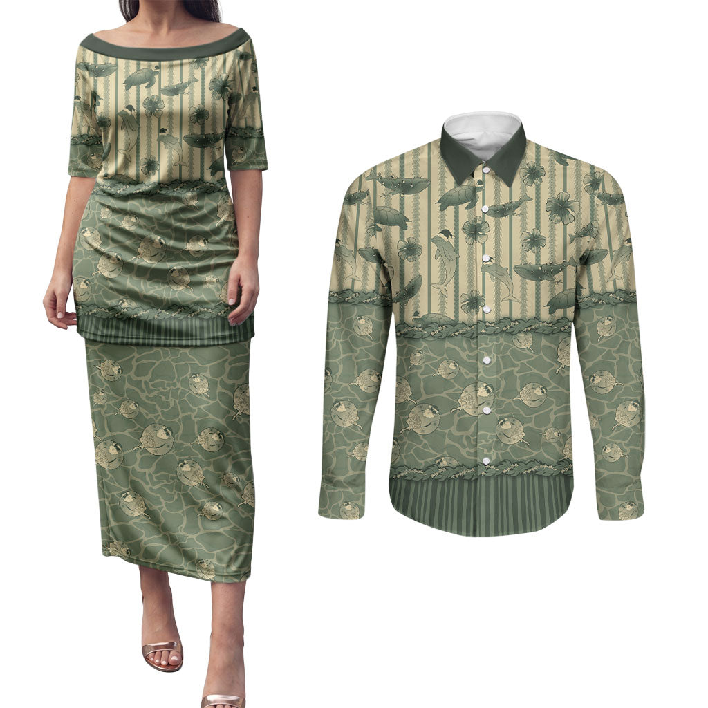 Hawaii Christmas In July Couples Matching Puletasi and Long Sleeve Button Shirt Olive Green Mele Kalikimaka Sea Animals DT05 Green - Polynesian Pride