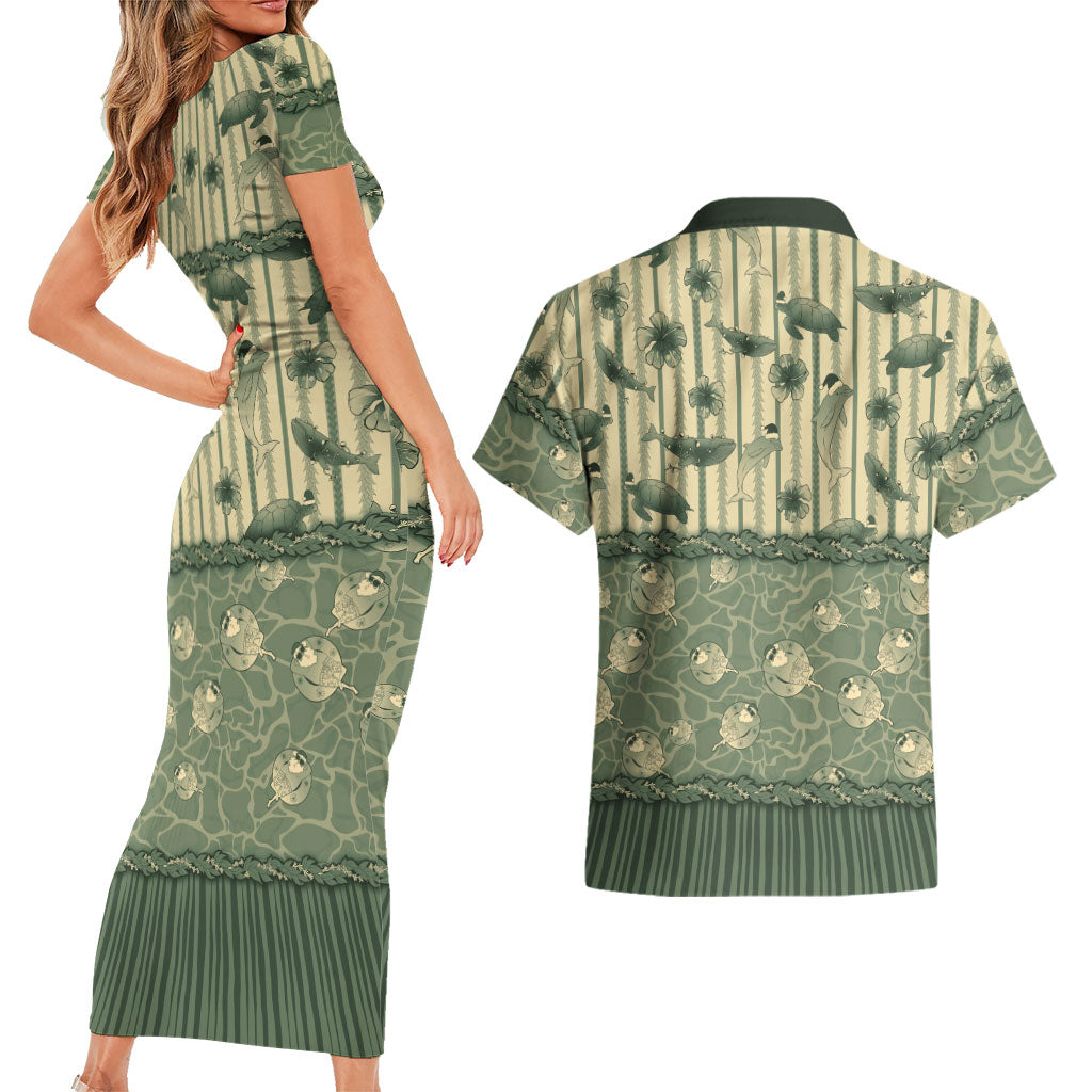 Hawaii Christmas In July Couples Matching Short Sleeve Bodycon Dress and Hawaiian Shirt Olive Green Mele Kalikimaka Sea Animals DT05 - Polynesian Pride