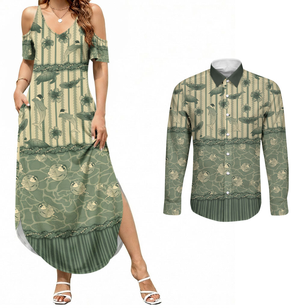Hawaii Christmas In July Couples Matching Summer Maxi Dress and Long Sleeve Button Shirt Olive Green Mele Kalikimaka Sea Animals DT05 Green - Polynesian Pride
