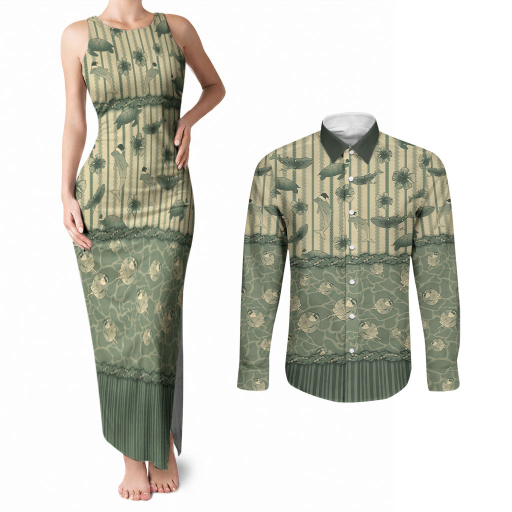 Hawaii Christmas In July Couples Matching Tank Maxi Dress and Long Sleeve Button Shirt Olive Green Mele Kalikimaka Sea Animals DT05 Green - Polynesian Pride