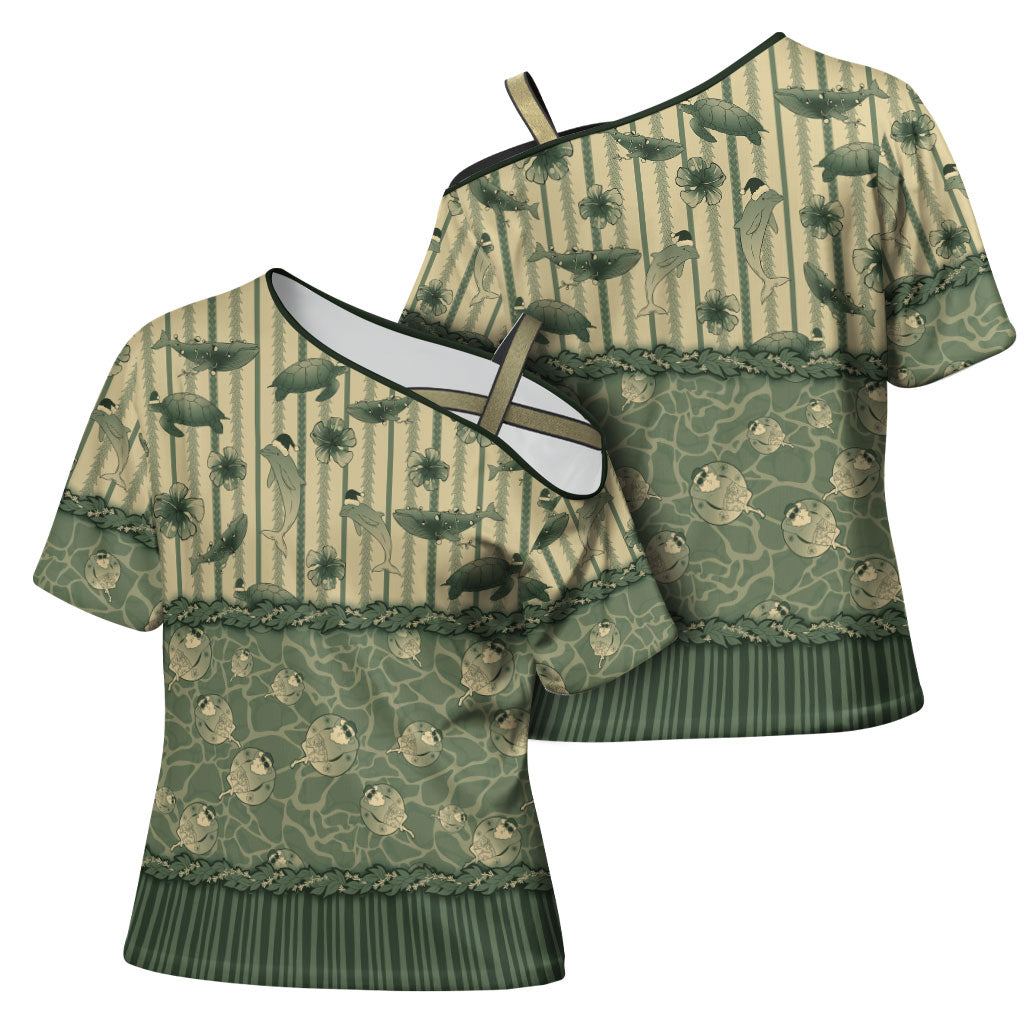 Hawaii Christmas In July Cross Shoulder Shirt Olive Green Mele Kalikimaka Sea Animals DT05 - Polynesian Pride