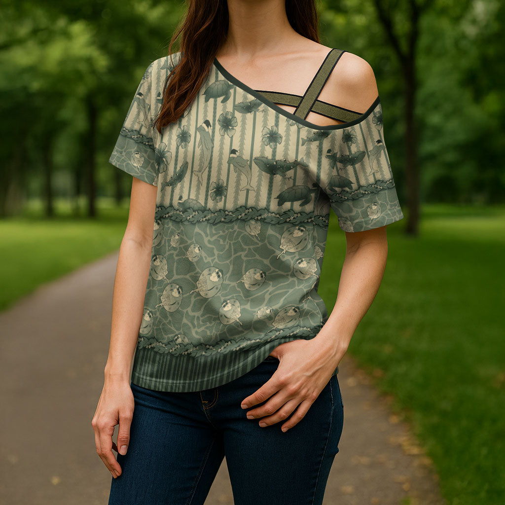 Hawaii Christmas In July Cross Shoulder Shirt Olive Green Mele Kalikimaka Sea Animals DT05 - Polynesian Pride