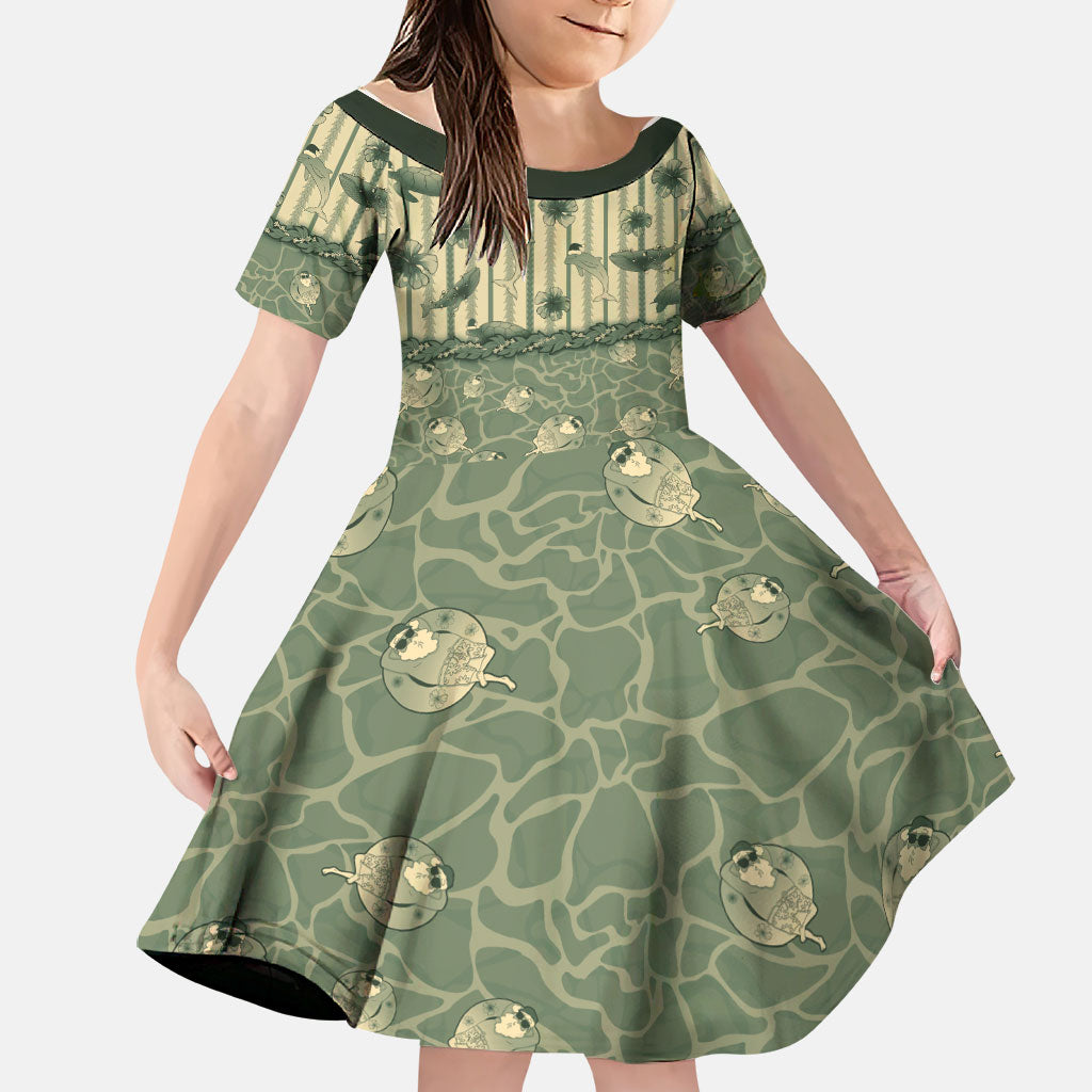 Hawaii Christmas In July Family Matching Mermaid Dress and Hawaiian Shirt Olive Green Mele Kalikimaka Sea Animals DT05 Daughter's Dress Green - Polynesian Pride