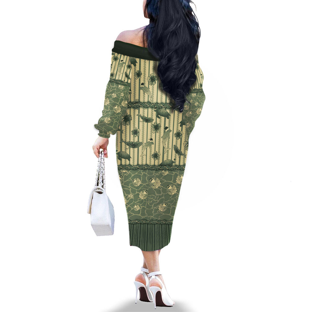 Hawaii Christmas In July Family Matching Off The Shoulder Long Sleeve Dress and Hawaiian Shirt Olive Green Mele Kalikimaka Sea Animals DT05 - Polynesian Pride