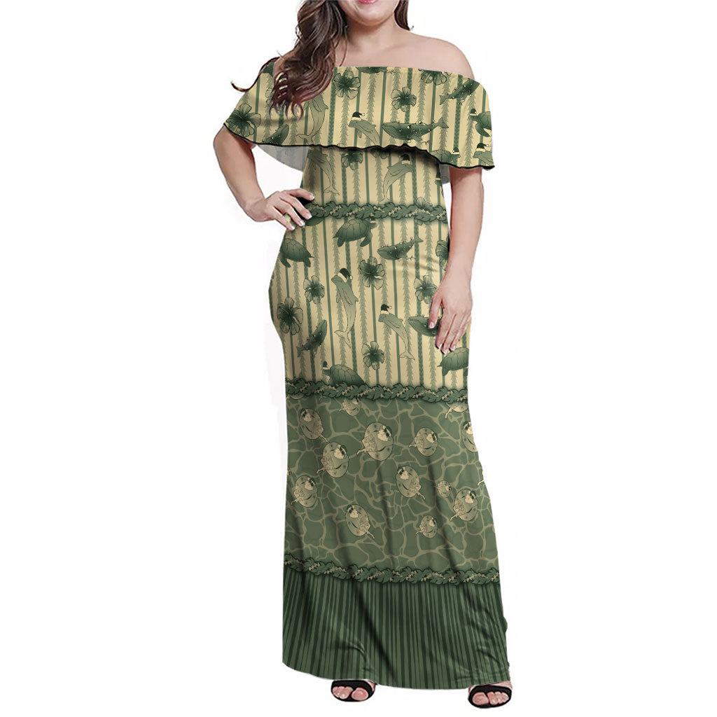 Hawaii Christmas In July Family Matching Off Shoulder Maxi Dress and Hawaiian Shirt Olive Green Mele Kalikimaka Sea Animals DT05 Mom's Dress Green - Polynesian Pride