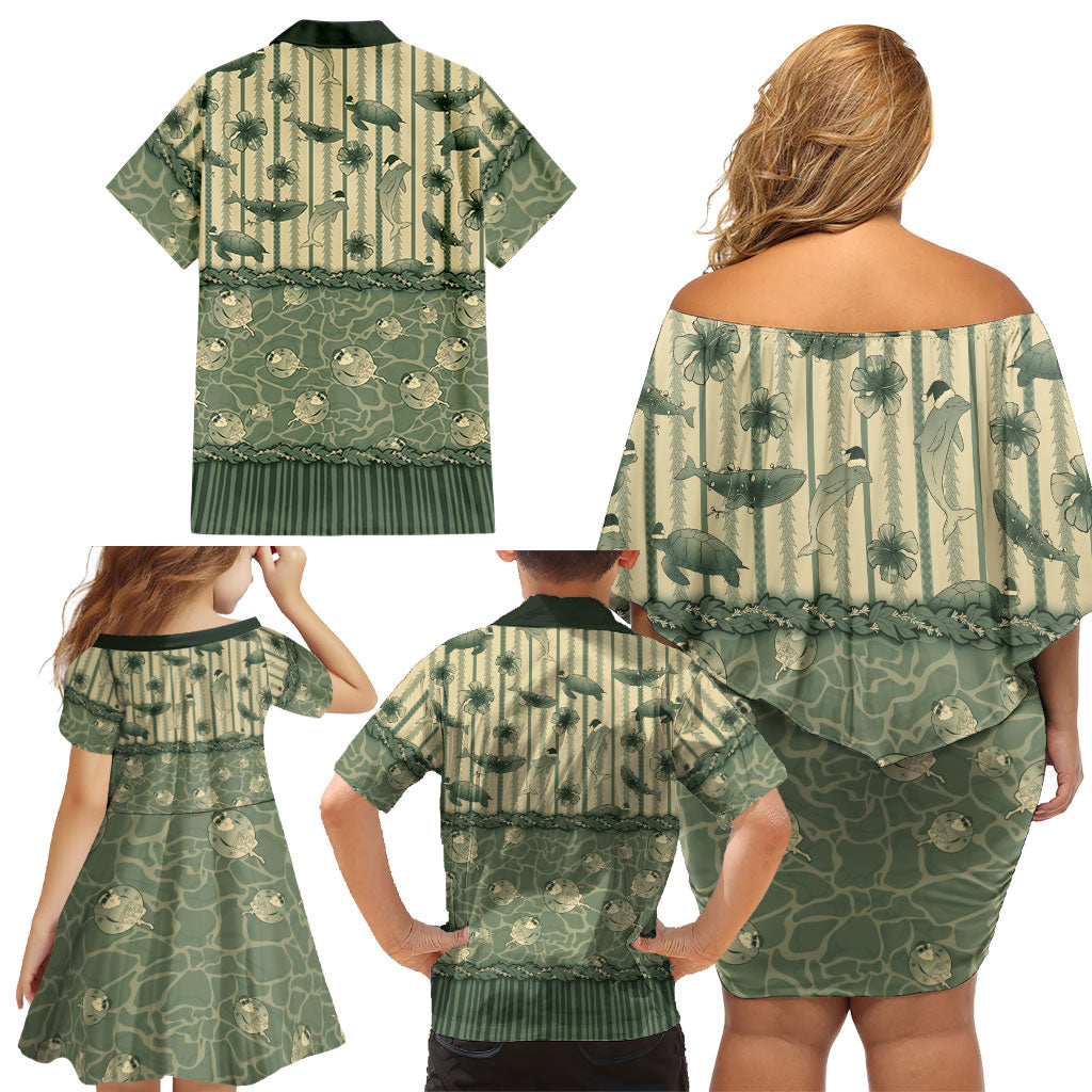 Hawaii Christmas In July Family Matching Off Shoulder Short Dress and Hawaiian Shirt Olive Green Mele Kalikimaka Sea Animals DT05 - Polynesian Pride