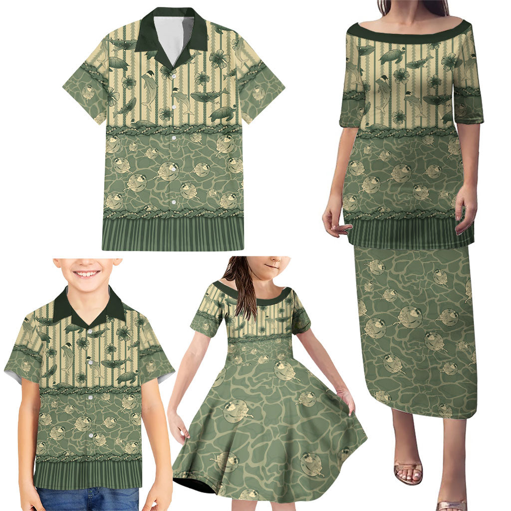 Hawaii Christmas In July Family Matching Puletasi and Hawaiian Shirt Olive Green Mele Kalikimaka Sea Animals DT05 - Polynesian Pride
