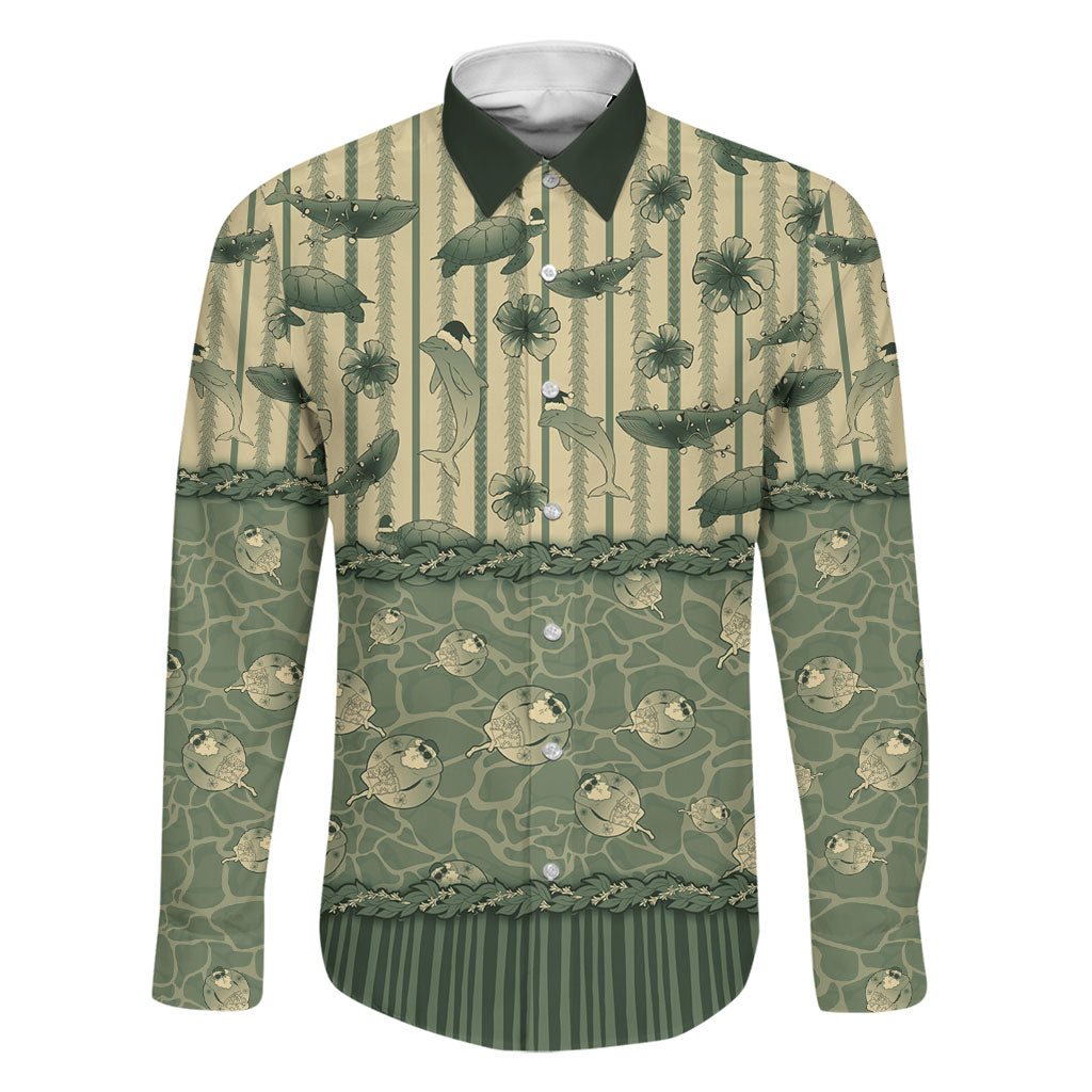 Hawaii Christmas In July Family Matching Puletasi and Hawaiian Shirt Olive Green Mele Kalikimaka Sea Animals DT05 Dad's Shirt - Long Sleeve Green - Polynesian Pride