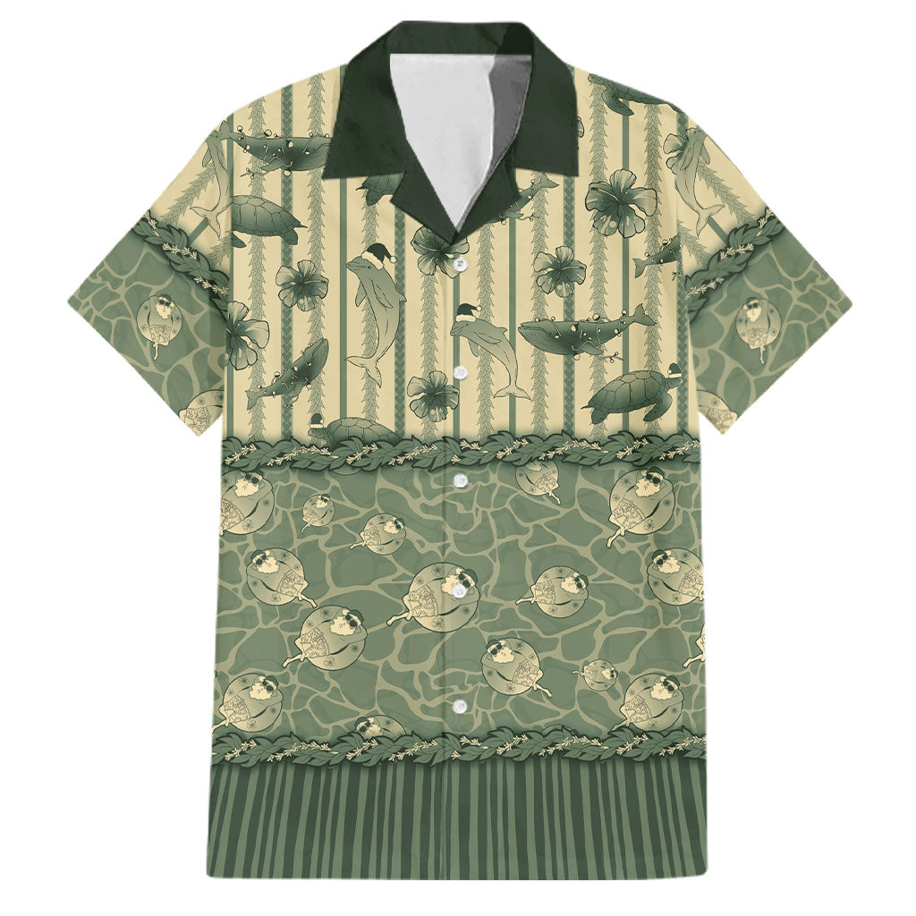 Hawaii Christmas In July Family Matching Summer Maxi Dress and Hawaiian Shirt Olive Green Mele Kalikimaka Sea Animals DT05 Dad's Shirt - Short Sleeve Green - Polynesian Pride