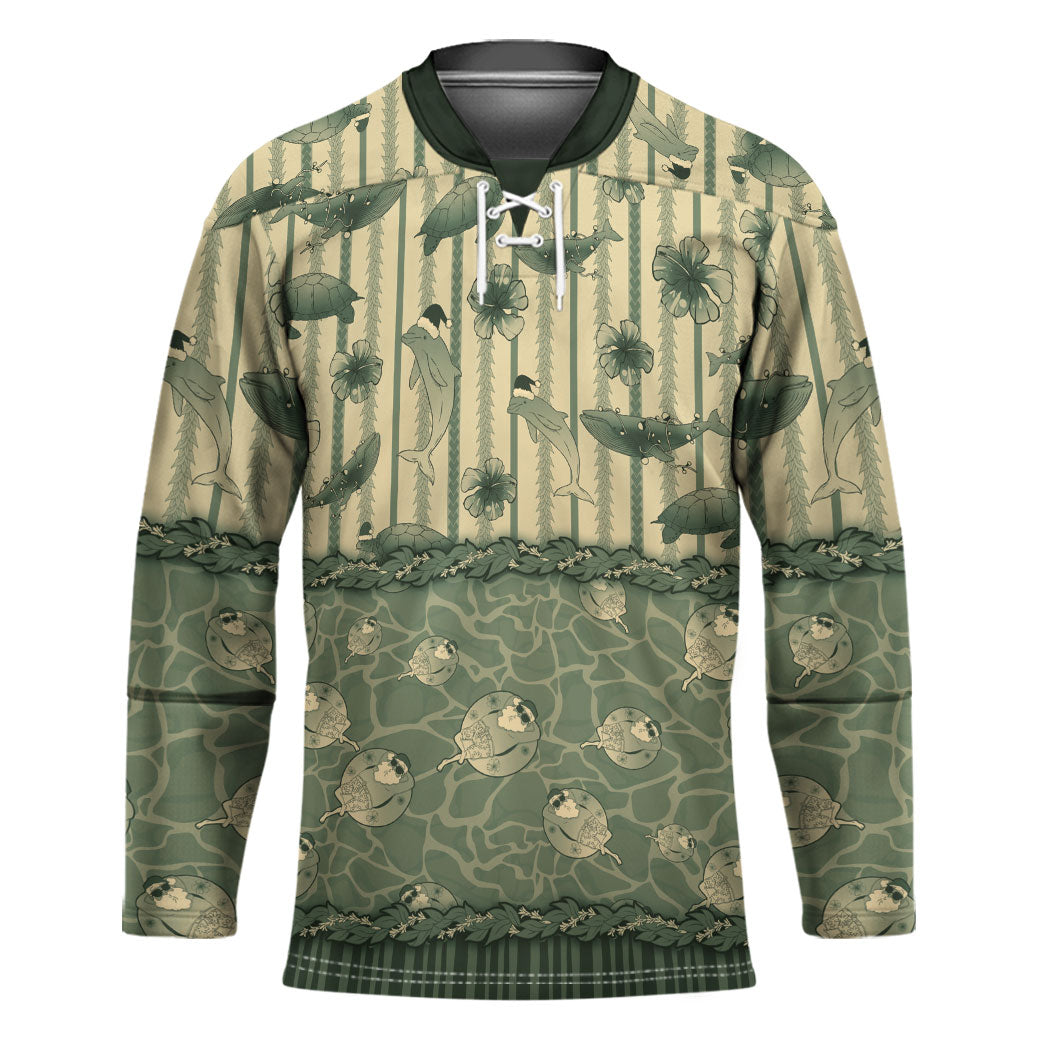 Hawaii Christmas In July Hockey Jersey Olive Green Mele Kalikimaka Sea Animals DT05 Unisex Green - Polynesian Pride
