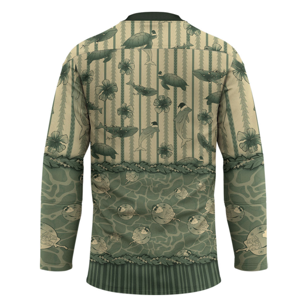 Hawaii Christmas In July Hockey Jersey Olive Green Mele Kalikimaka Sea Animals DT05 - Polynesian Pride