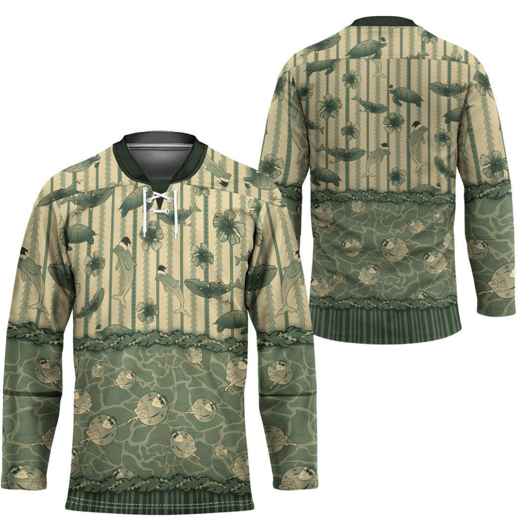 Hawaii Christmas In July Hockey Jersey Olive Green Mele Kalikimaka Sea Animals DT05 - Polynesian Pride