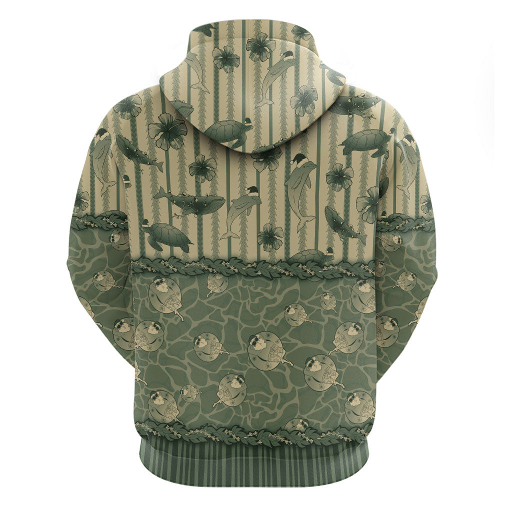Hawaii Christmas In July Hoodie Olive Green Mele Kalikimaka Sea Animals DT05 - Polynesian Pride