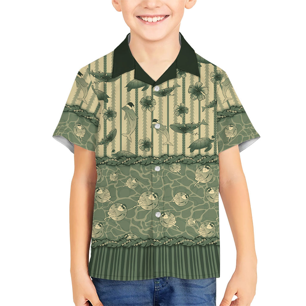 Hawaii Christmas In July Kid Hawaiian Shirt Olive Green Mele Kalikimaka Sea Animals DT05 Kid Green - Polynesian Pride
