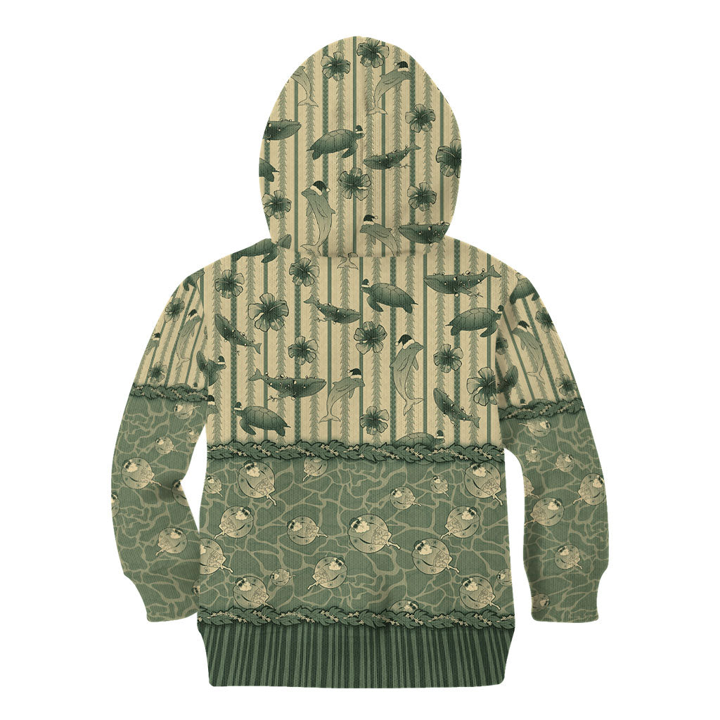 Hawaii Christmas In July Kid Hoodie Olive Green Mele Kalikimaka Sea Animals DT05 - Polynesian Pride