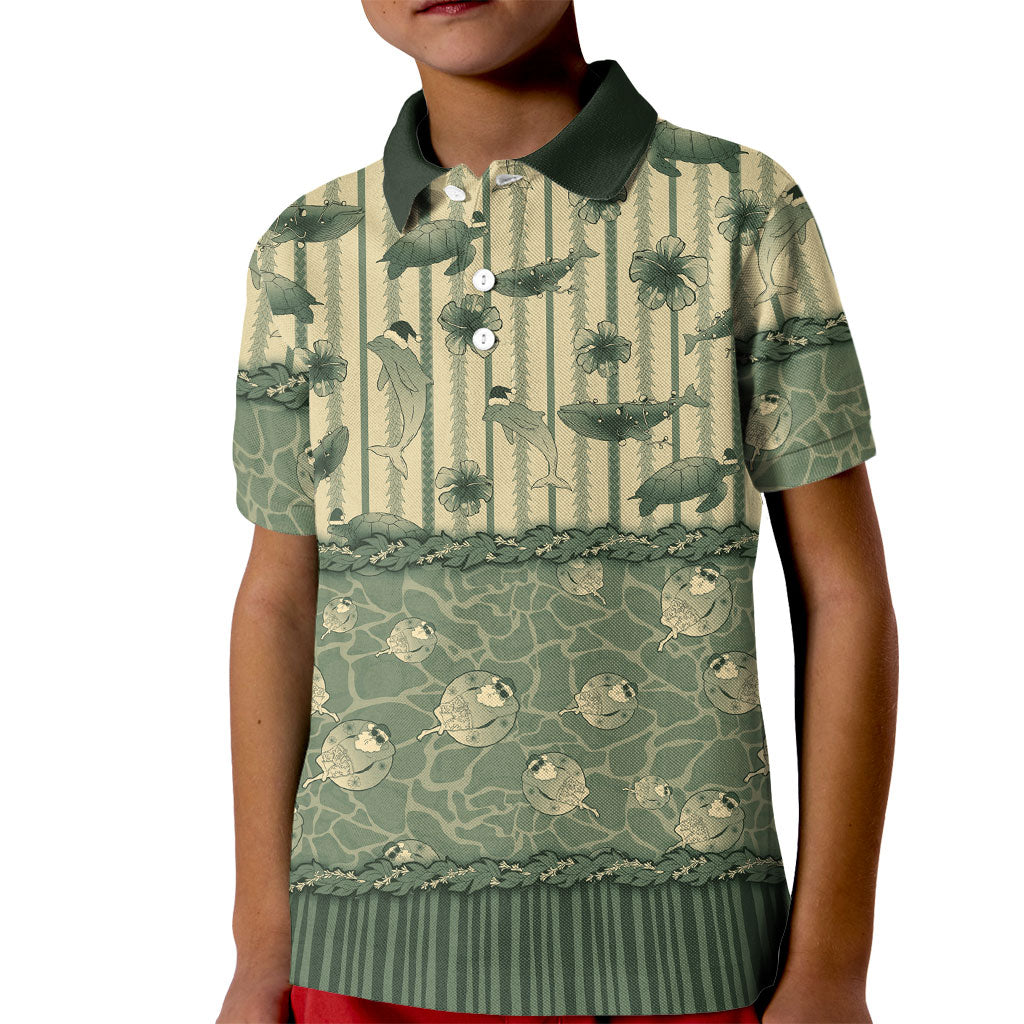 Hawaii Christmas In July Kid Polo Shirt Olive Green Mele Kalikimaka Sea Animals DT05 Kid Green - Polynesian Pride