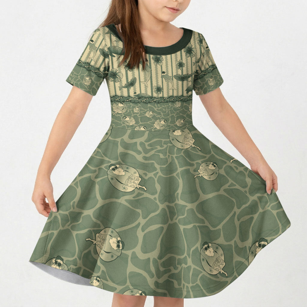 Hawaii Christmas In July Kid Short Sleeve Dress Olive Green Mele Kalikimaka Sea Animals DT05 KID Green - Polynesian Pride