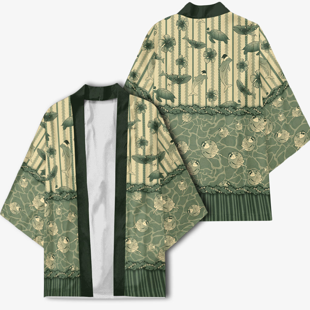 Hawaii Christmas In July Kimono Olive Green Mele Kalikimaka Sea Animals