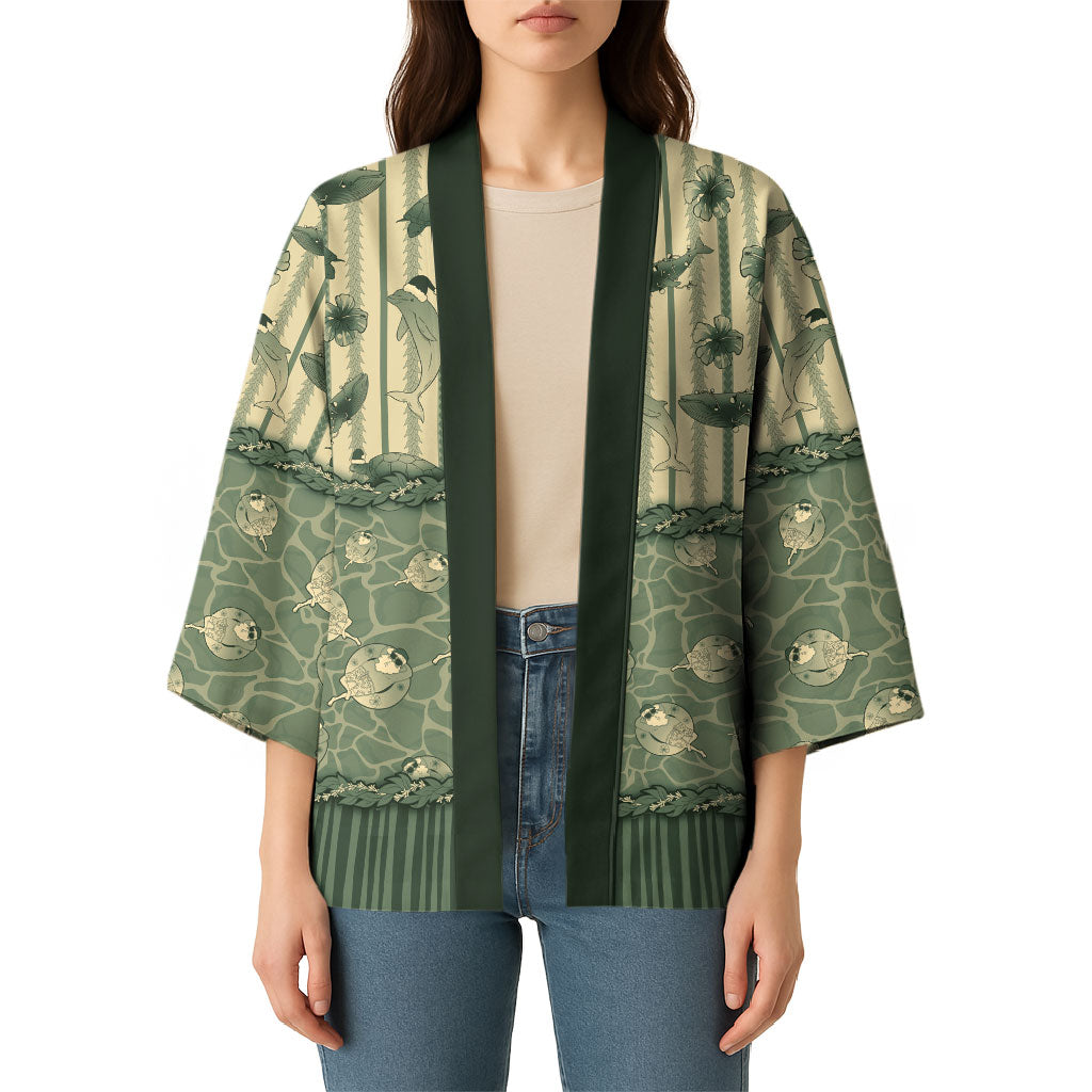 Hawaii Christmas In July Kimono Olive Green Mele Kalikimaka Sea Animals