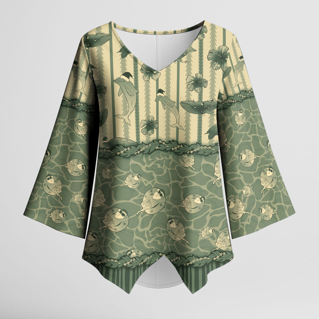Hawaii Christmas In July Kimono Sleeve Blouse Olive Green Mele Kalikimaka Sea Animals DT05 Female Green - Polynesian Pride