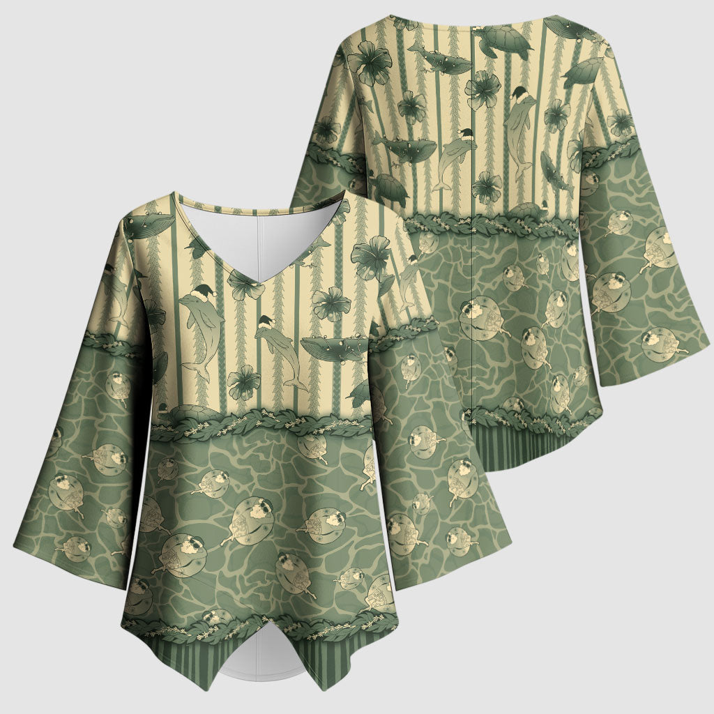 Hawaii Christmas In July Kimono Sleeve Blouse Olive Green Mele Kalikimaka Sea Animals DT05 - Polynesian Pride