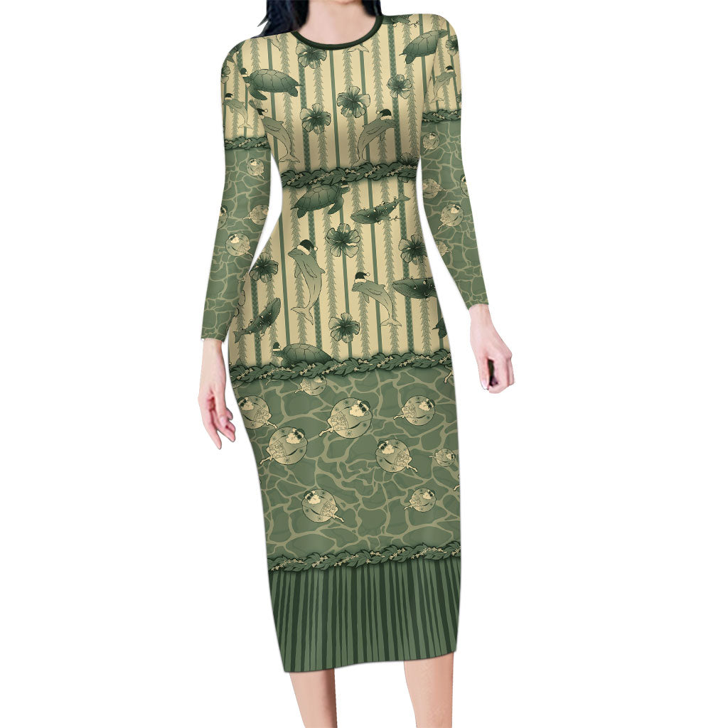 Hawaii Christmas In July Long Sleeve Bodycon Dress Olive Green Mele Kalikimaka Sea Animals DT05 Long Dress Green - Polynesian Pride