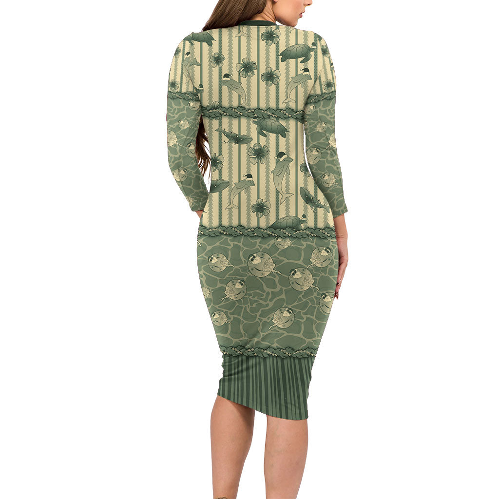 Hawaii Christmas In July Long Sleeve Bodycon Dress Olive Green Mele Kalikimaka Sea Animals DT05 - Polynesian Pride