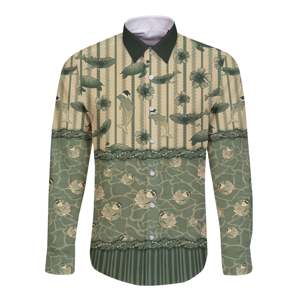 Hawaii Christmas In July Long Sleeve Button Shirt Olive Green Mele Kalikimaka Sea Animals DT05 Unisex Green - Polynesian Pride