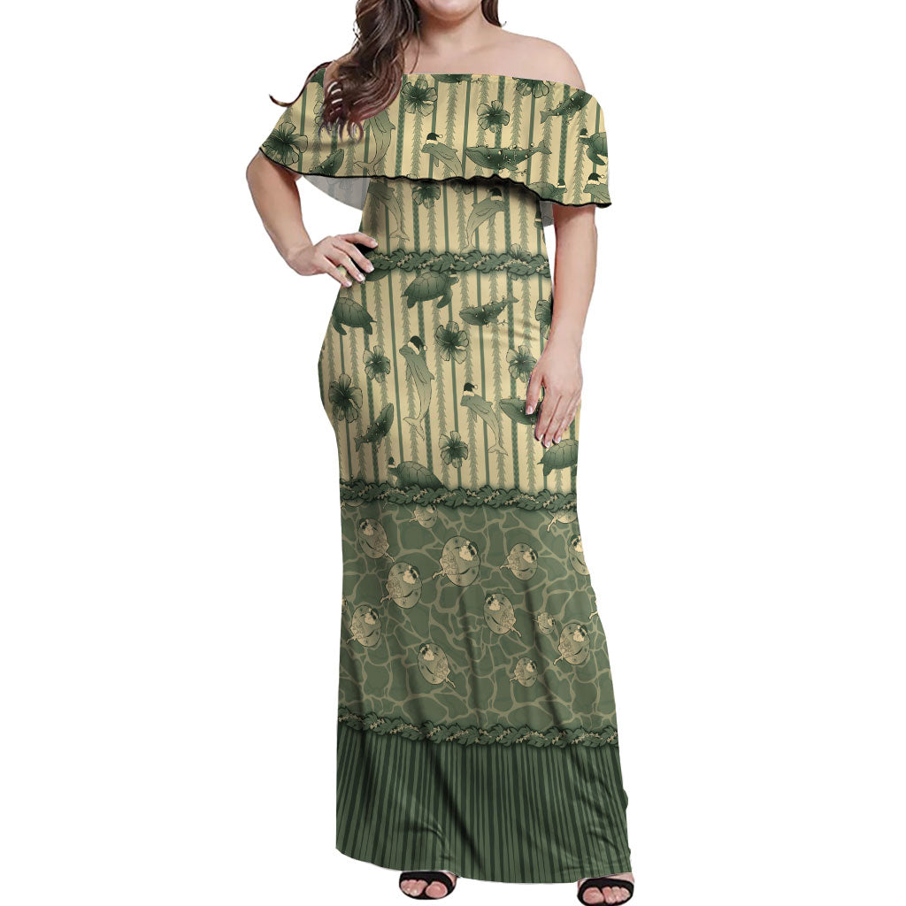 Hawaii Christmas In July Off Shoulder Maxi Dress Olive Green Mele Kalikimaka Sea Animals DT05 Women Green - Polynesian Pride