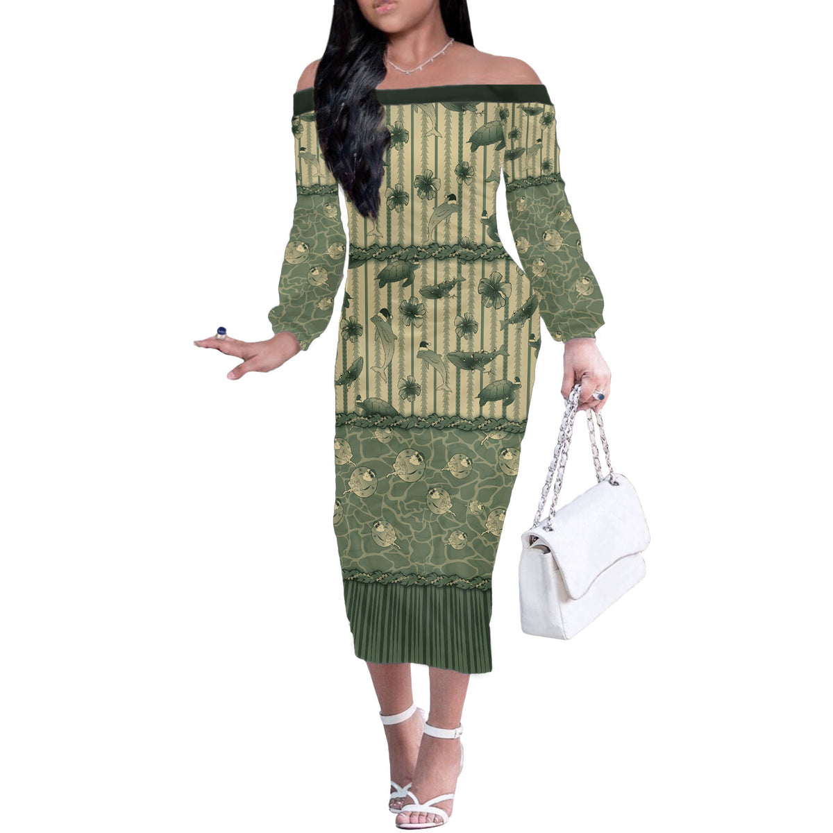 Hawaii Christmas In July Off The Shoulder Long Sleeve Dress Olive Green Mele Kalikimaka Sea Animals DT05 Women Green - Polynesian Pride