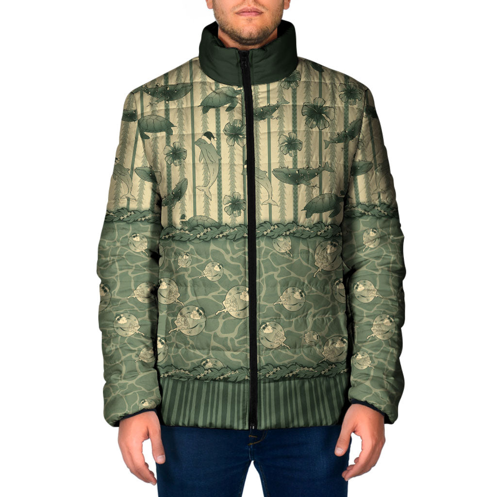 Hawaii Christmas In July Padded Jacket Olive Green Mele Kalikimaka Sea Animals DT05 Men Green - Polynesian Pride