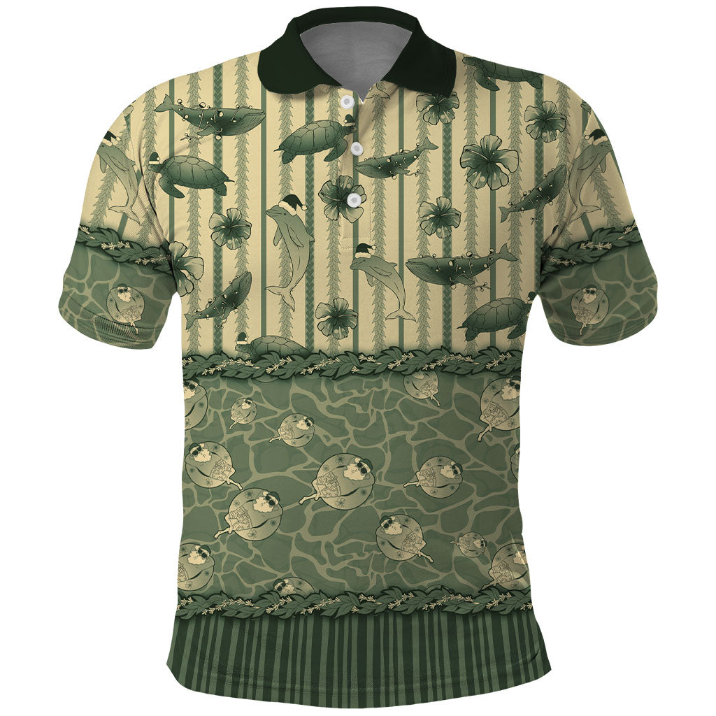 Hawaii Christmas In July Polo Shirt Olive Green Mele Kalikimaka Sea Animals DT05 Green - Polynesian Pride
