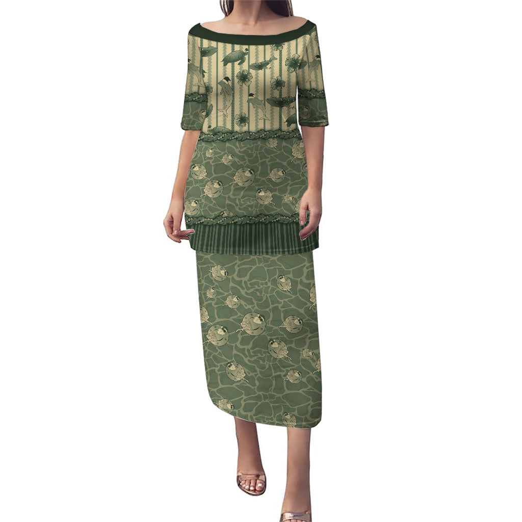 Hawaii Christmas In July Puletasi Olive Green Mele Kalikimaka Sea Animals DT05 Long Dress Green - Polynesian Pride