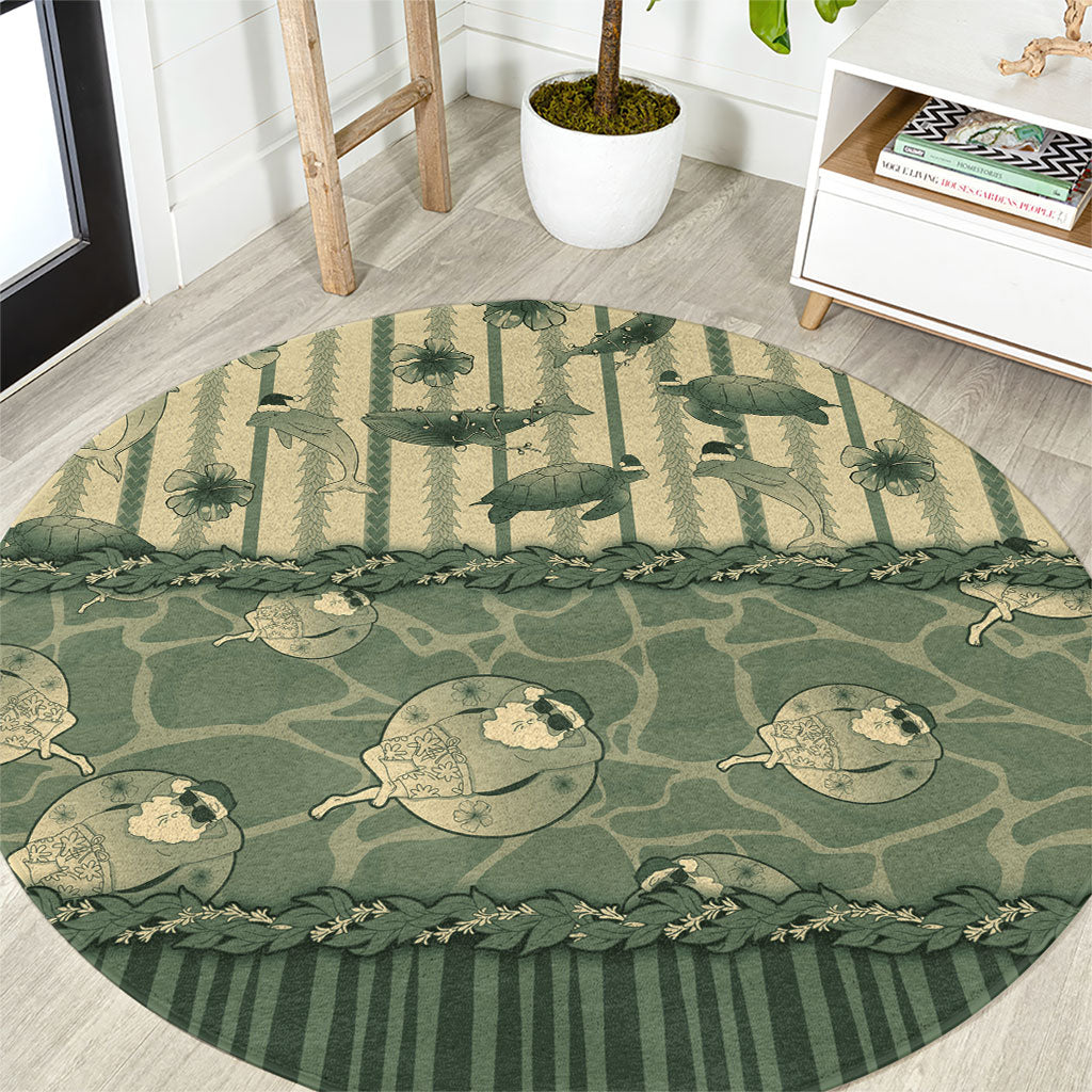 Hawaii Christmas In July Round Carpet Olive Green Mele Kalikimaka Sea Animals DT05 Green - Polynesian Pride