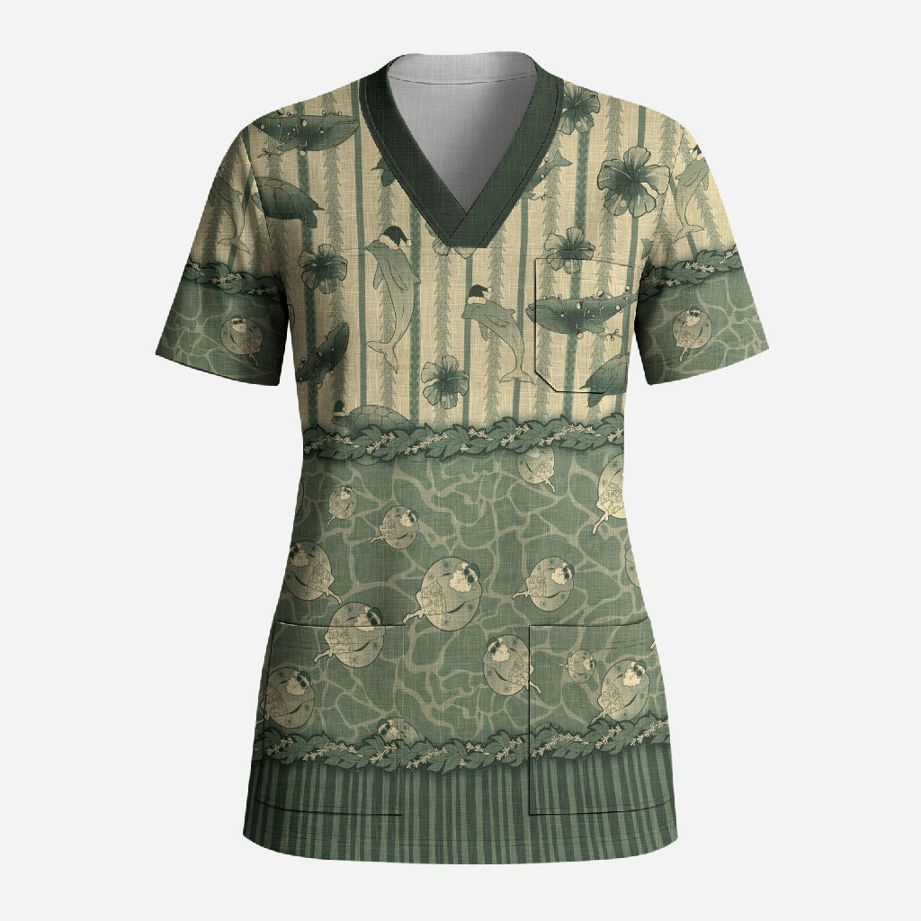 Hawaii Christmas In July Scrub Top Olive Green Mele Kalikimaka Sea Animals DT05 Adult Green - Polynesian Pride