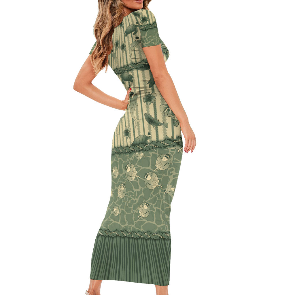 Hawaii Christmas In July Short Sleeve Bodycon Dress Olive Green Mele Kalikimaka Sea Animals DT05 - Polynesian Pride