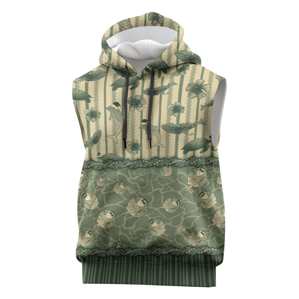 Hawaii Christmas In July Sleeveless Hoodie Olive Green Mele Kalikimaka Sea Animals DT05 Green - Polynesian Pride