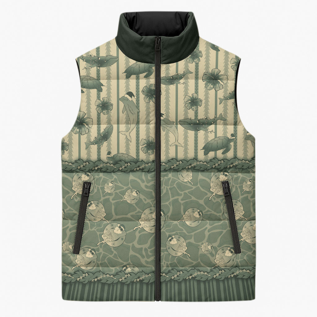 Hawaii Christmas In July Sleeveless Puffer Jacket Olive Green Mele Kalikimaka Sea Animals DT05 Unisex Green - Polynesian Pride