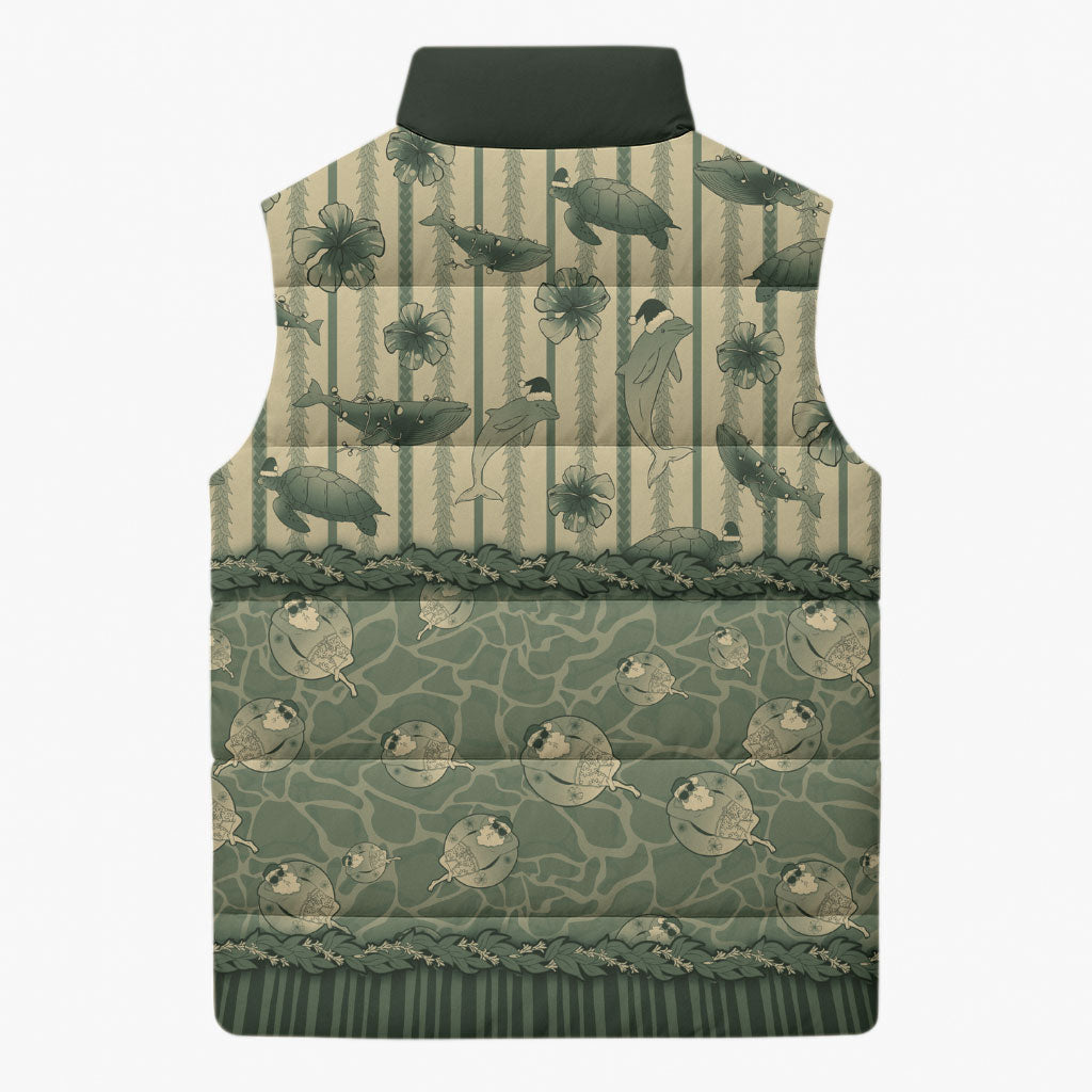 Hawaii Christmas In July Sleeveless Puffer Jacket Olive Green Mele Kalikimaka Sea Animals