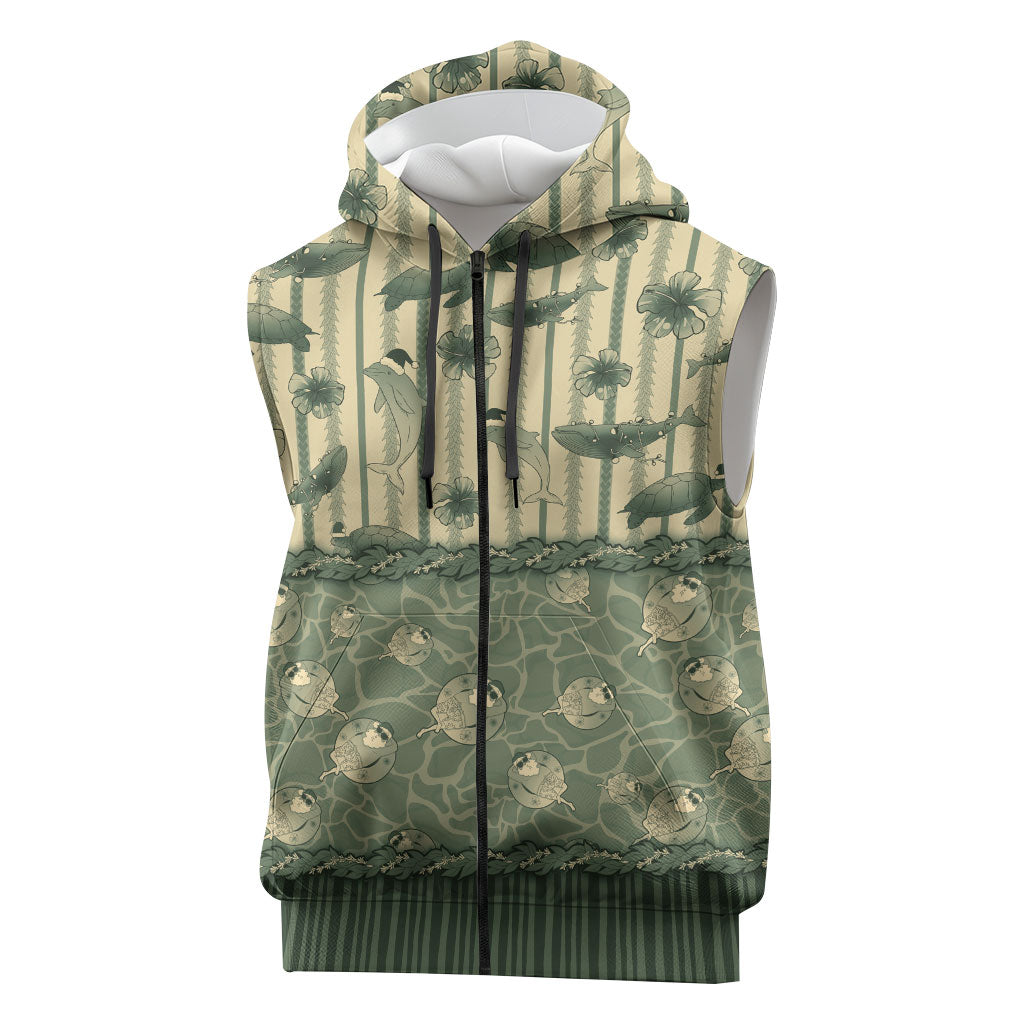Hawaii Christmas In July Sleeveless Zip Hoodie Olive Green Mele Kalikimaka Sea Animals DT05 Green - Polynesian Pride