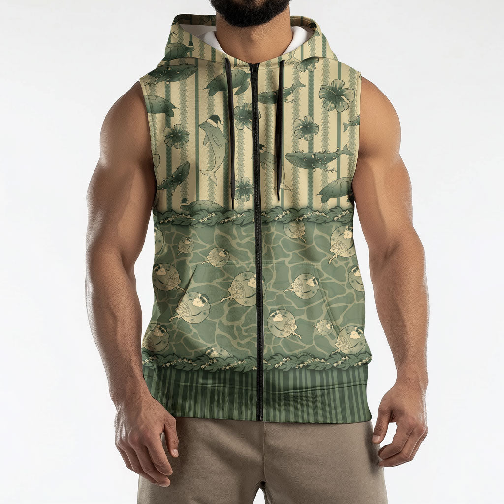 Hawaii Christmas In July Sleeveless Zip Hoodie Olive Green Mele Kalikimaka Sea Animals DT05 - Polynesian Pride