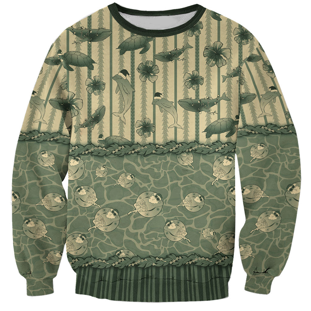 Hawaii Christmas In July Sweatshirt Olive Green Mele Kalikimaka Sea Animals DT05 Unisex Green - Polynesian Pride