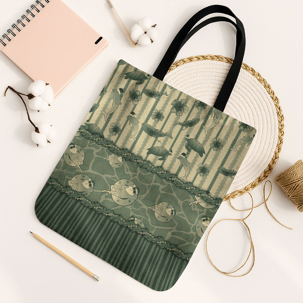 Hawaii Christmas In July Tote Bag Olive Green Mele Kalikimaka Sea Animals DT05 Black Strap One Size Green - Polynesian Pride