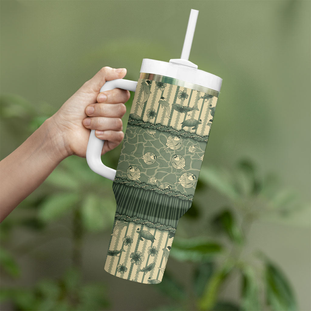 Hawaii Christmas In July Tumbler With Handle Olive Green Mele Kalikimaka Sea Animals