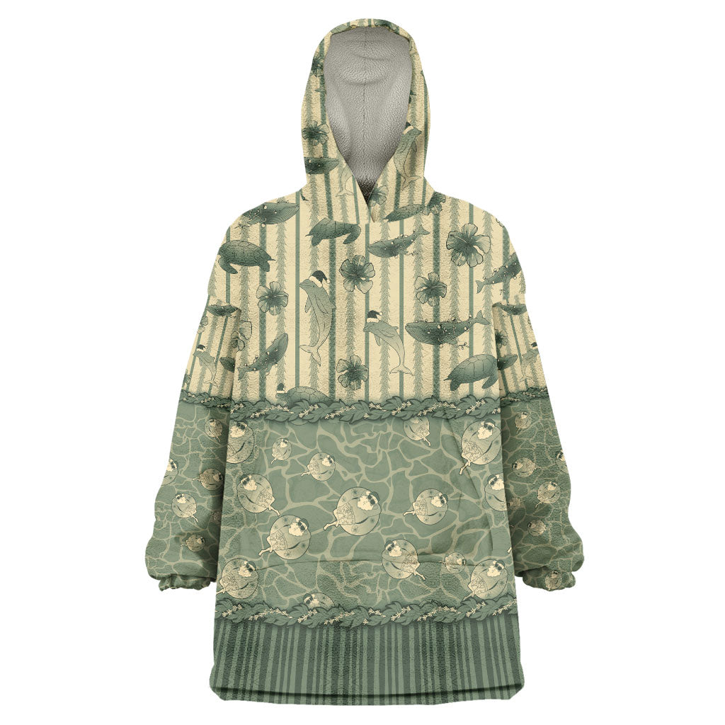 Hawaii Christmas In July Wearable Blanket Hoodie Olive Green Mele Kalikimaka Sea Animals DT05 One Size Green - Polynesian Pride
