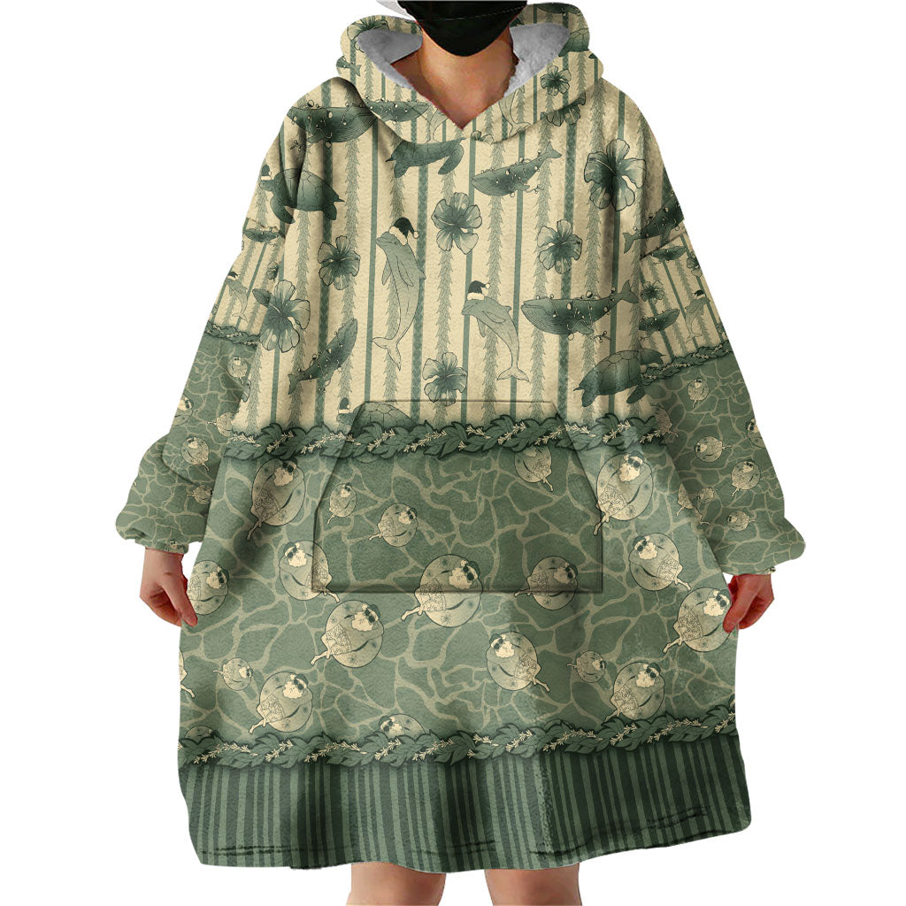 Hawaii Christmas In July Wearable Blanket Hoodie Olive Green Mele Kalikimaka Sea Animals DT05 - Polynesian Pride