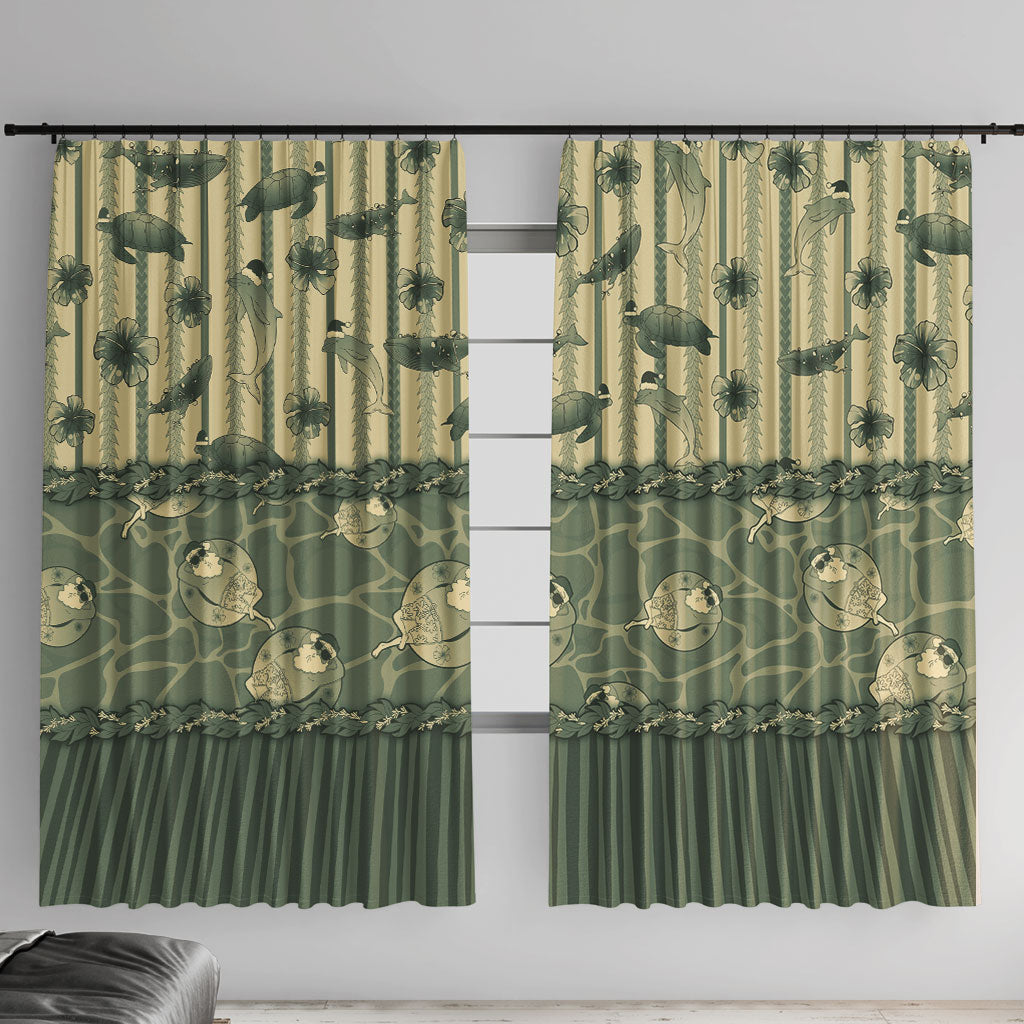 Hawaii Christmas In July Window Curtain Olive Green Mele Kalikimaka Sea Animals DT05 With Hooks Green - Polynesian Pride